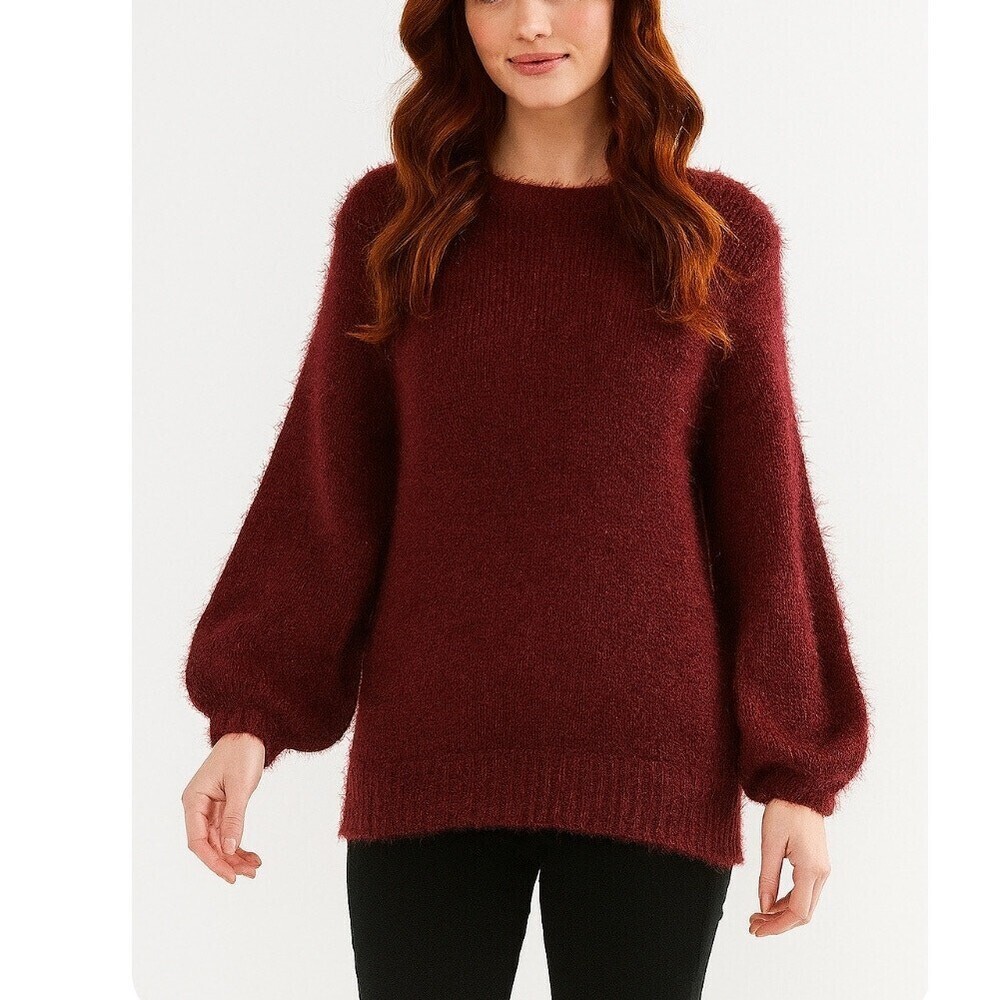 A New Day sweater eyelash puff sleeve burgundy boxy crew neck SZ XS